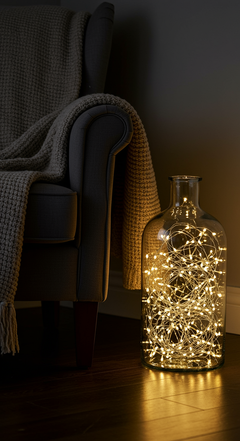 Große Glasvase auf dunklem Holzboden, gefüllt mit einer leuchtenden Drahtlichterkette.