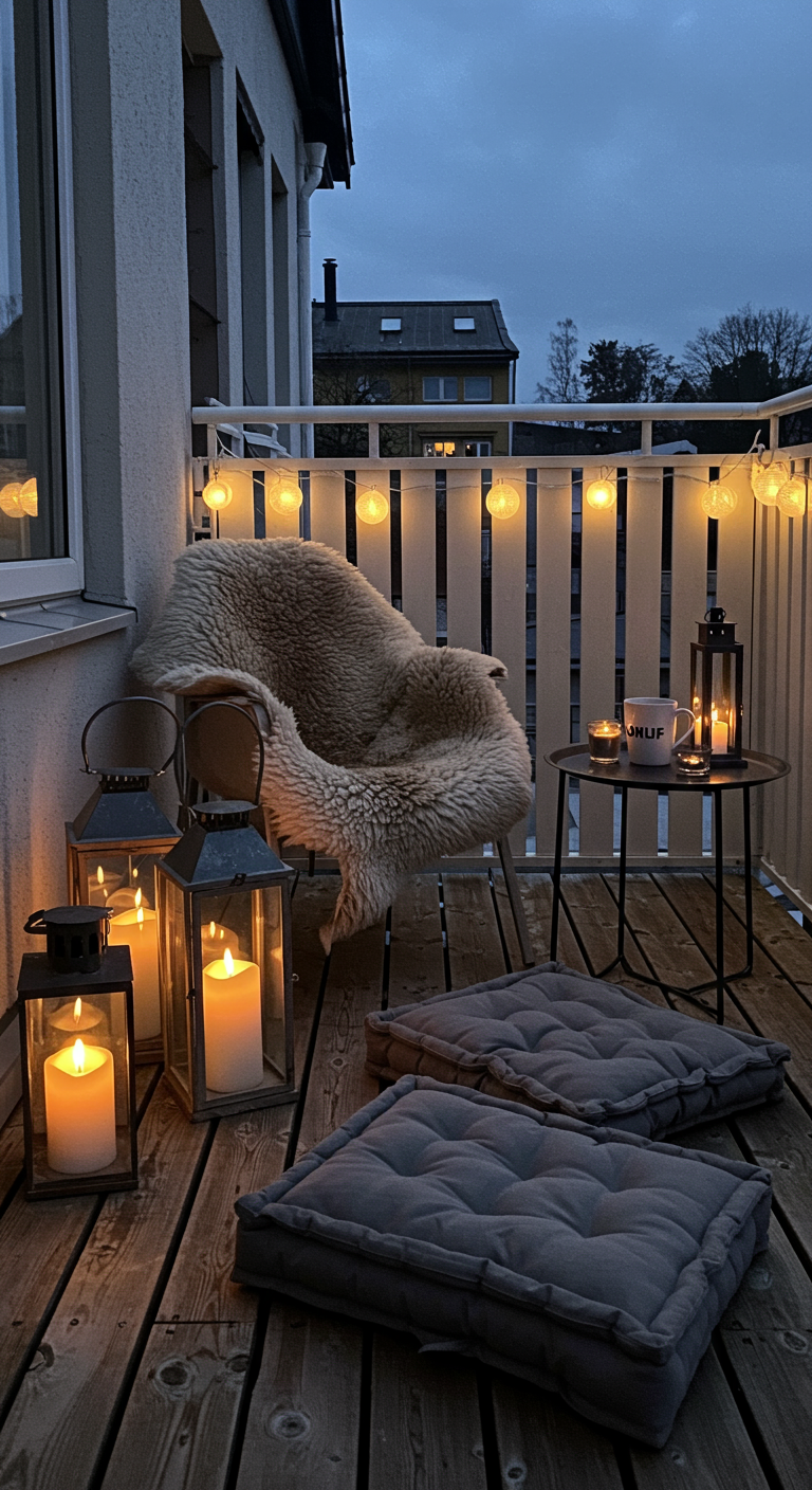 Balkon bei Dämmerung mit vielen Laternen, Lichterkette, Sessel mit Fell und Bodenkissen.