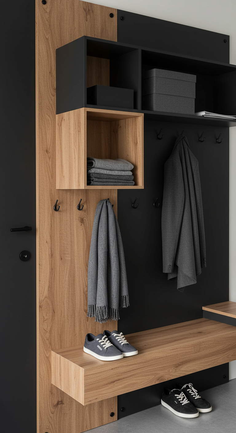 Moderne Flurgarderobe in Holzoptik und Schwarz mit Bank und Fächern