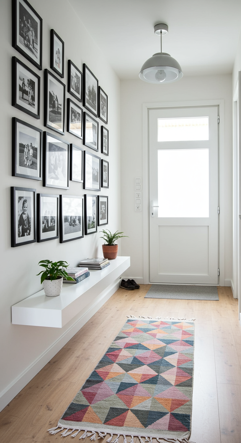 Langer, heller Flur mit großer Bildergalerie an der Wand und schmalem Wandboard.