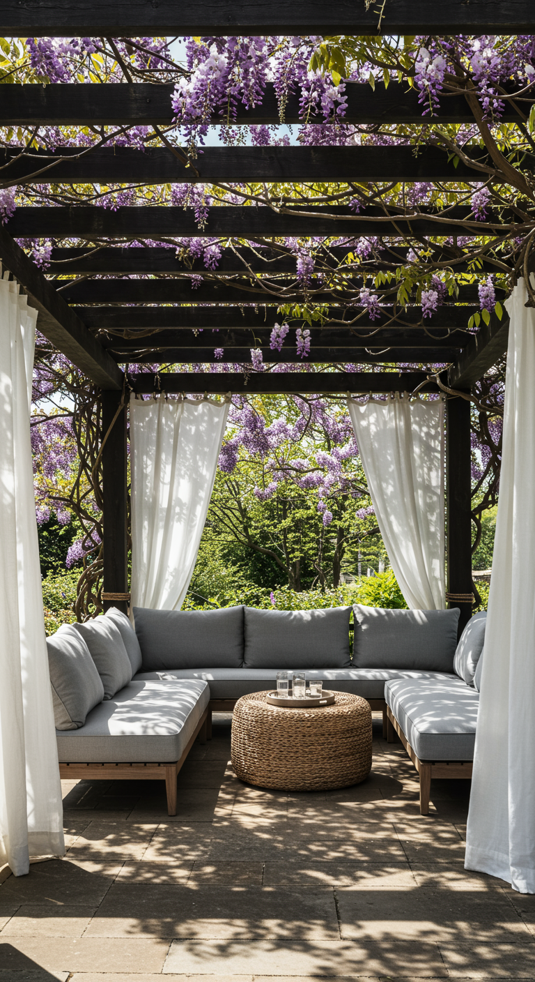 Holzpergola mit blühendem Blauregen, grauer Lounge-Gruppe und weißen Vorhängen.