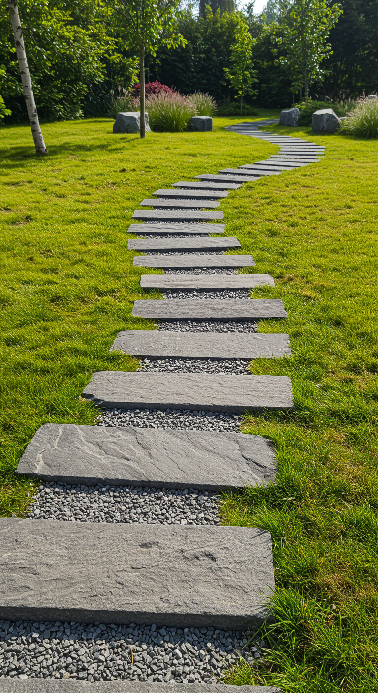 Geschwungener Gartenweg aus Steinplatten und Kies auf einer Wiese