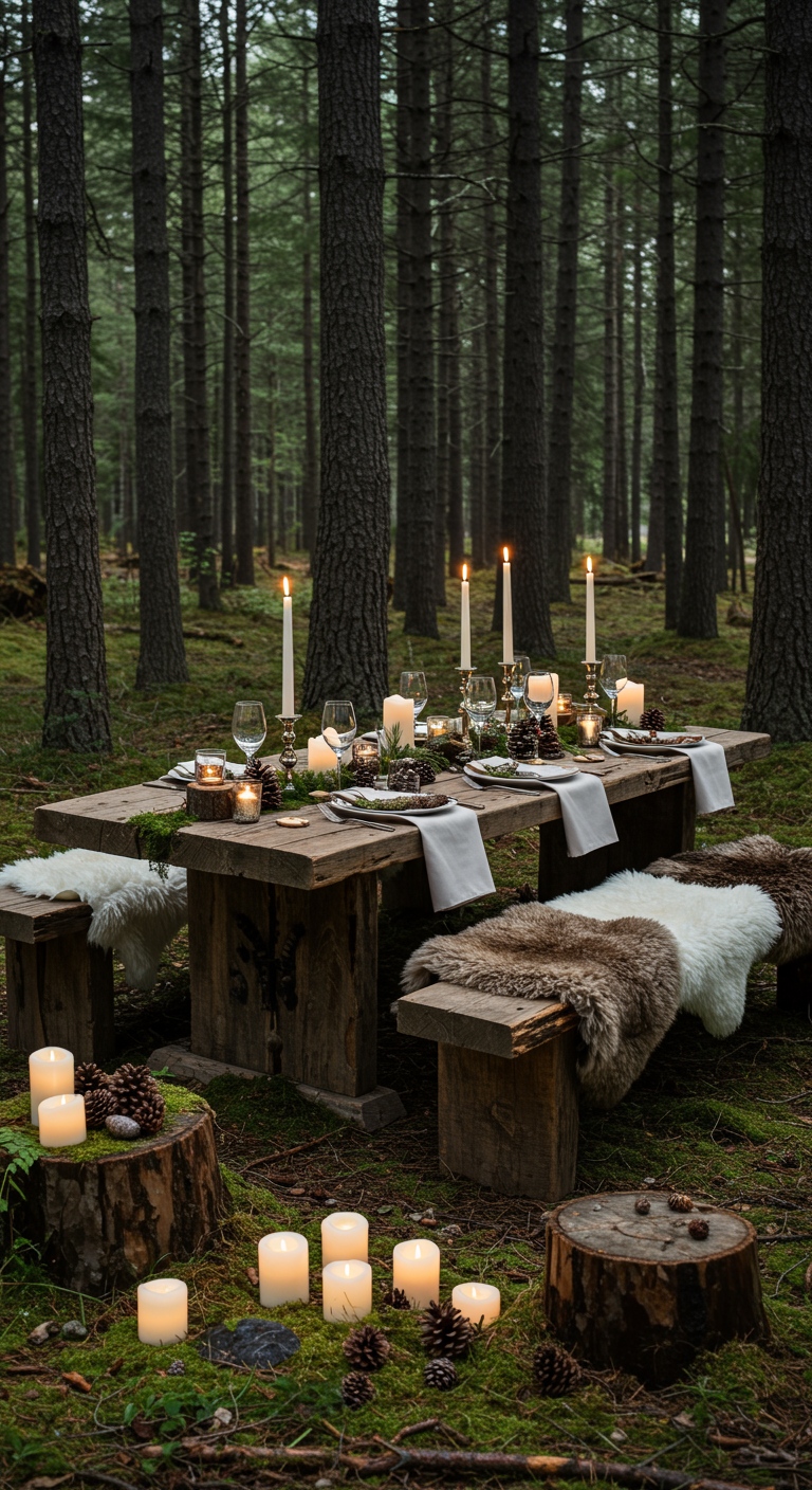 Rustikaler Holztisch mit Kerzen und Fellen auf Bänken mitten in einem Wald.