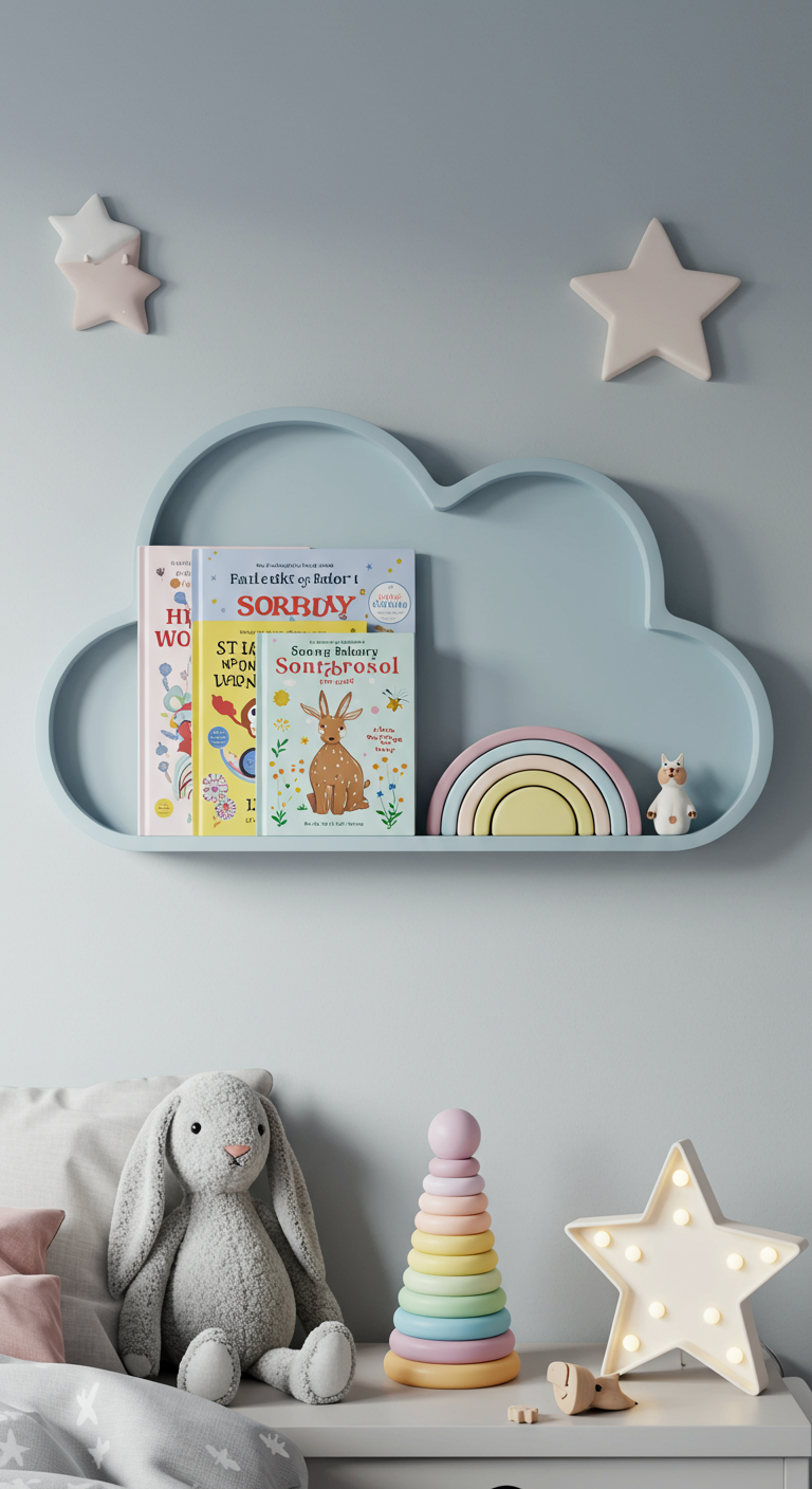Hellblaues, wolkenförmiges Wandregal mit Kinderbüchern und Spielzeug.
