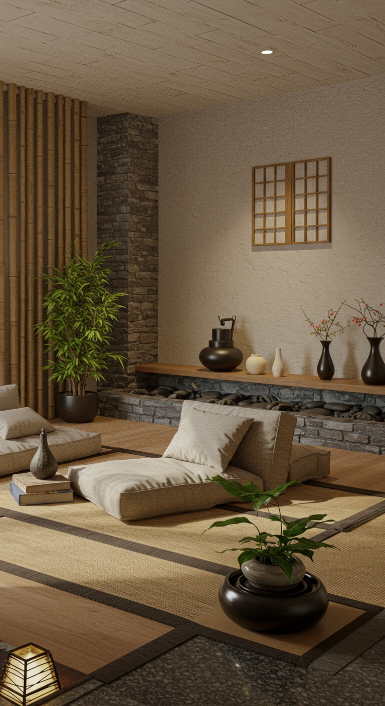 Zen-Wohnzimmer mit Pflanzen