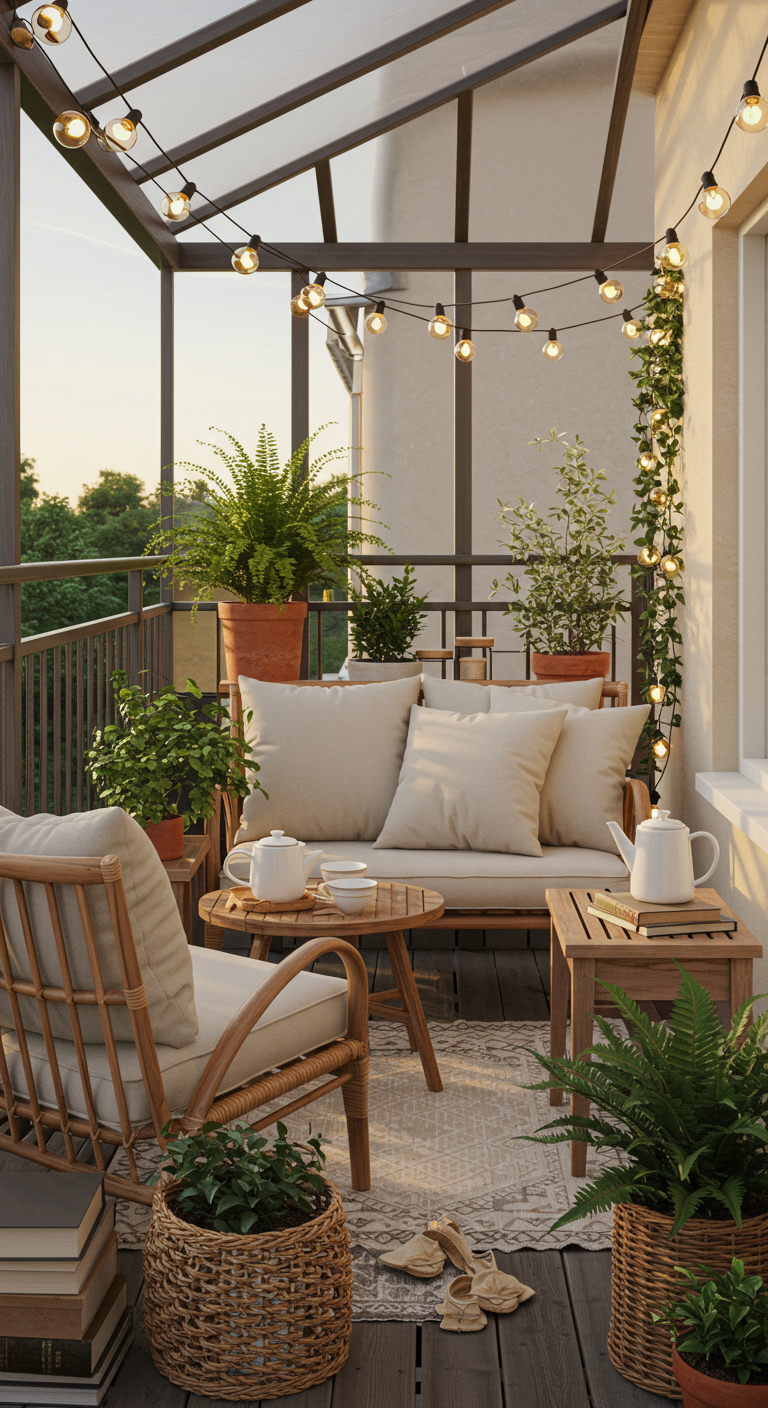 Gemütlicher Balkon mit Rattanmöbeln, vielen Pflanzen und Lichterkette.