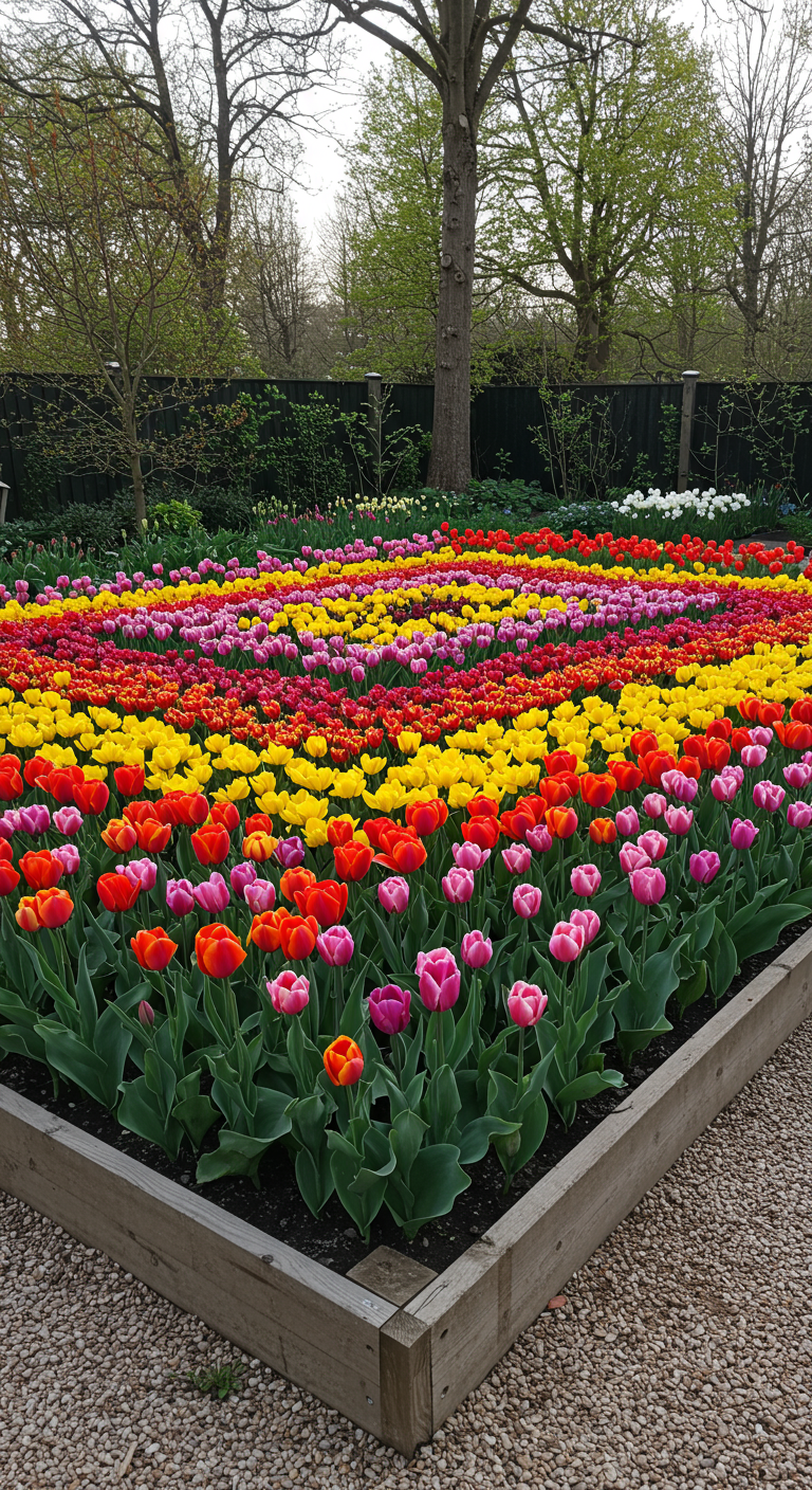 Großes Hochbeet mit Reihen von bunten Tulpen in Rot, Gelb und Pink.