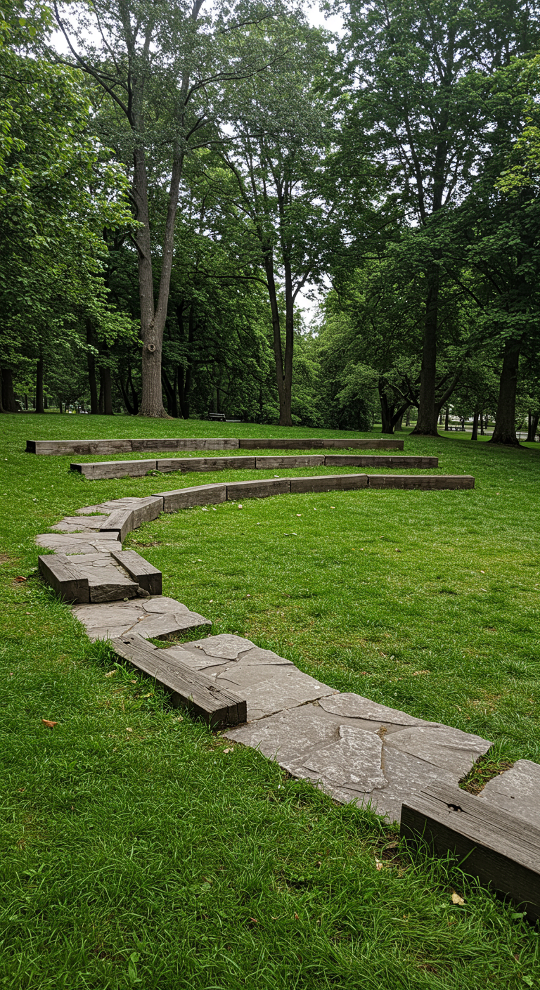 Halbrunde Sitzstufen aus Steinplatten und Holz in einem Rasenhang.