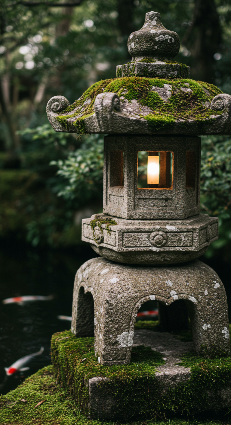 Bemooste japanische Steinlaterne (Tōrō) steht am Ufer eines Koiteichs.