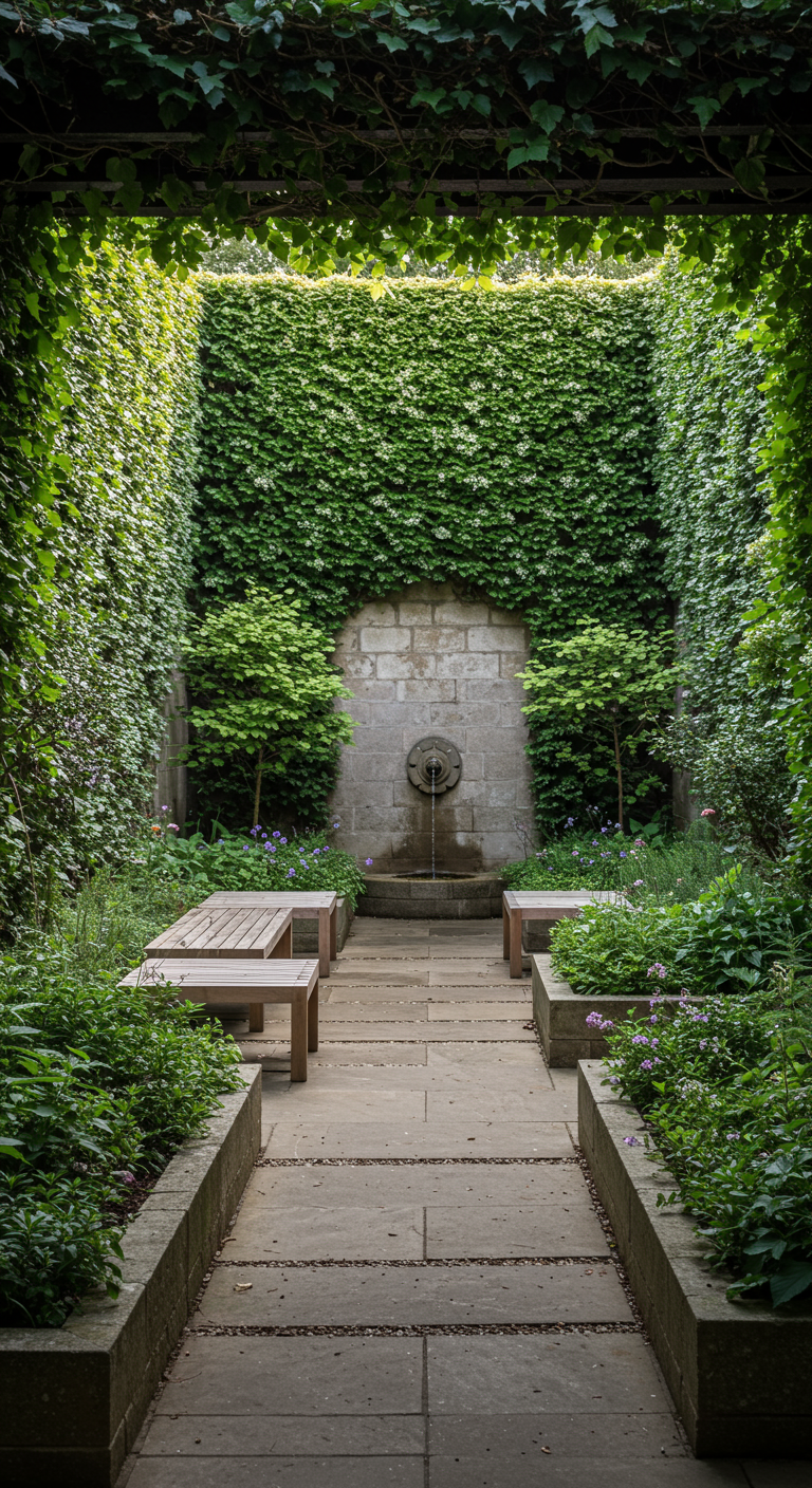 Ein schmaler, von Efeu umrankter Innenhof mit einem Wandbrunnen und Bänken.