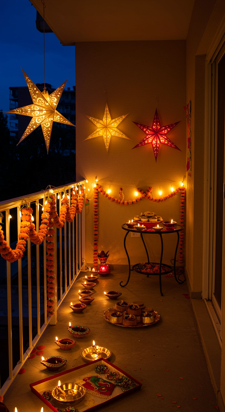 Festlich beleuchteter Balkon mit Diyas, Tagetesgirlanden und Sternlaternen für Diwali.
