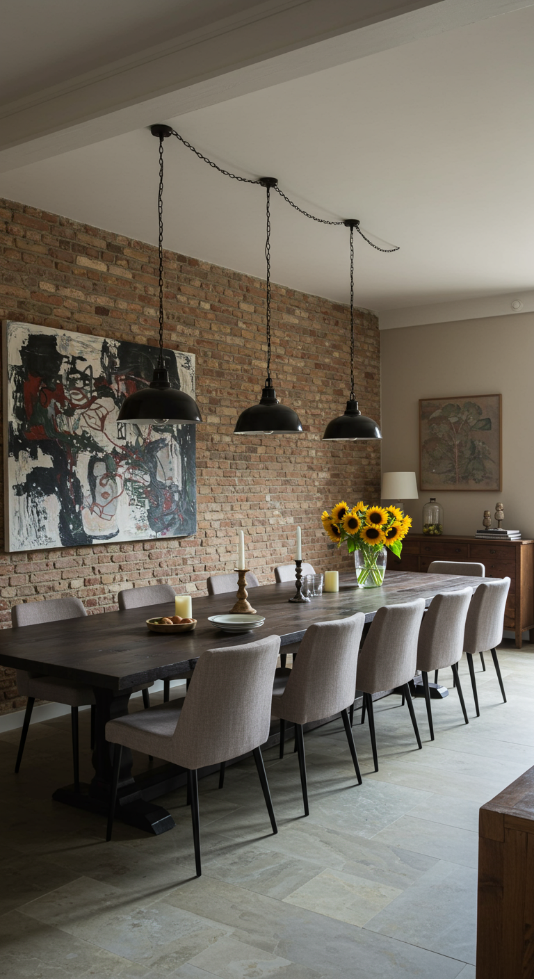 Großes Esszimmer mit langer Tafel, Backsteinwand und Sonnenblumen.