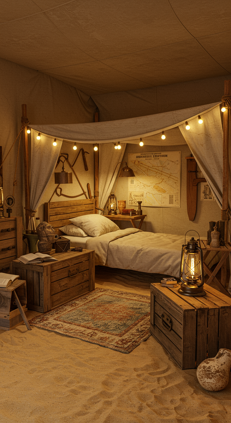 Kinderzimmer als Forscherzelt mit Sandboden und Expeditionsausrüstung.