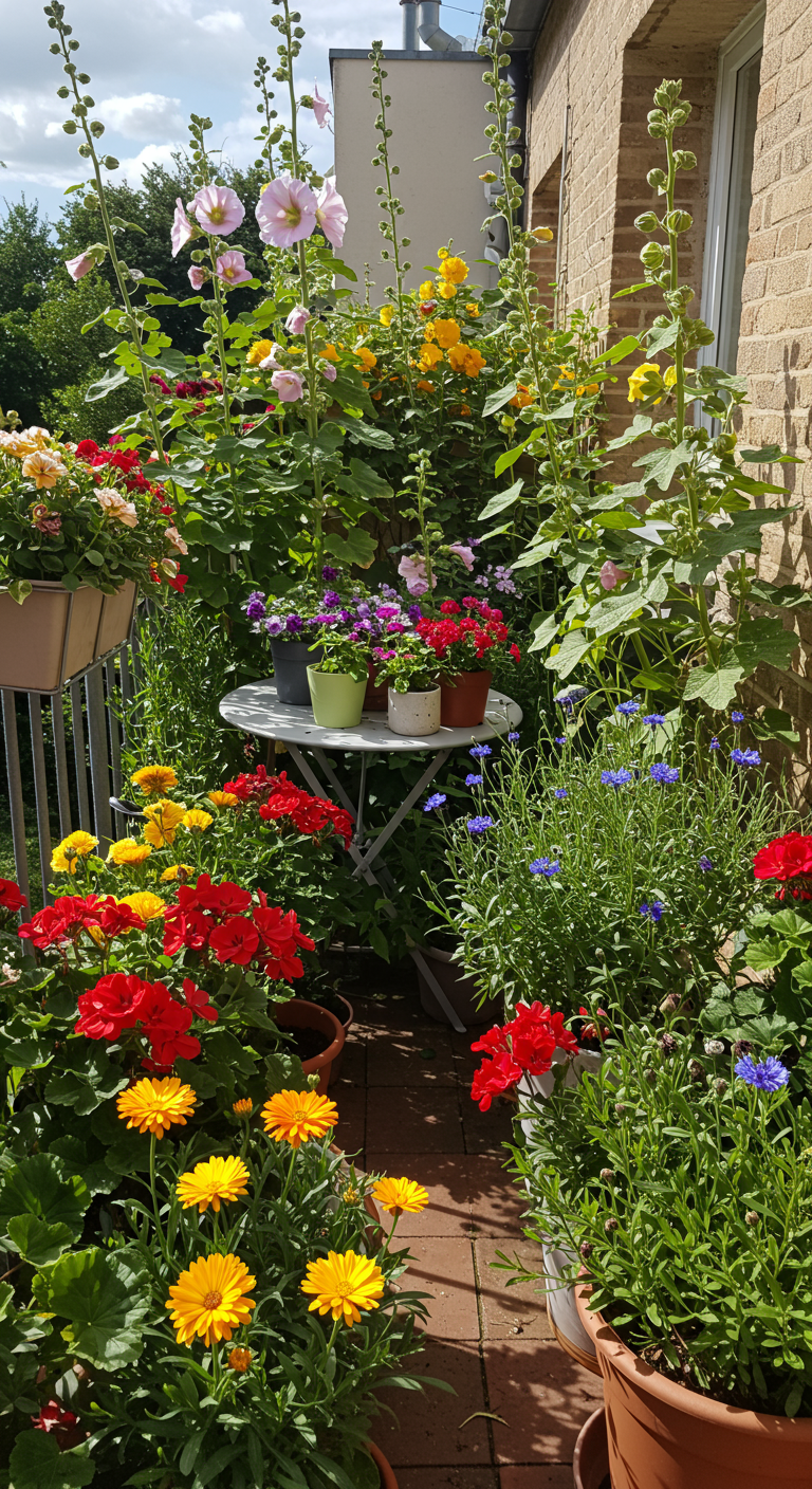 Ein kleiner Balkon ist überfüllt mit blühenden Sommerblumen wie Stockrosen, Geranien und Ringelblumen.