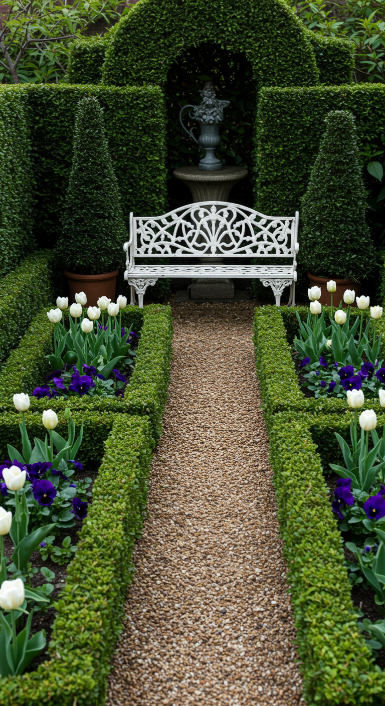 Formaler Garten mit Kiesweg, weißer Metallbank, Buchsbaumhecken und weißen Tulpen.