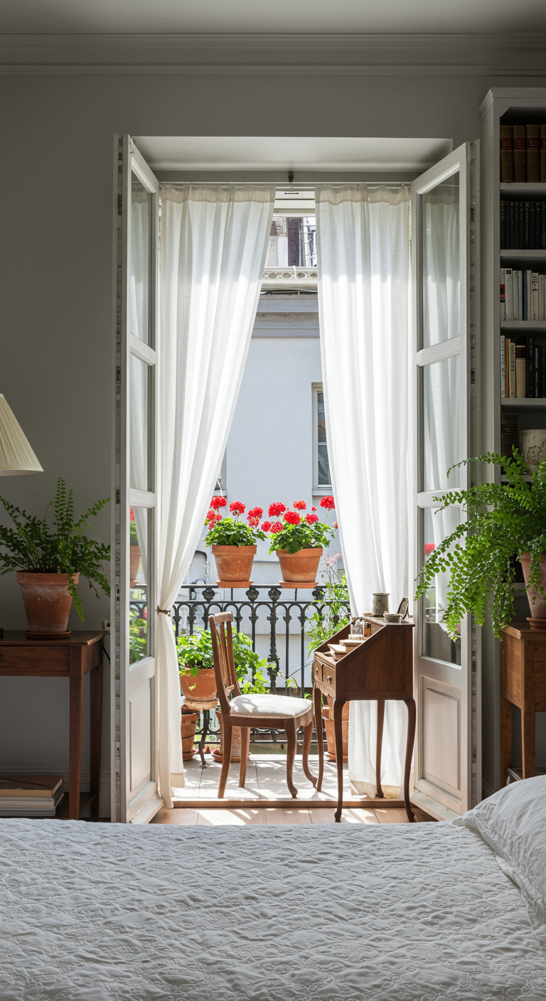 Blick aus dem Schlafzimmer auf einen französischen Balkon mit Geranien und Schreibtisch.