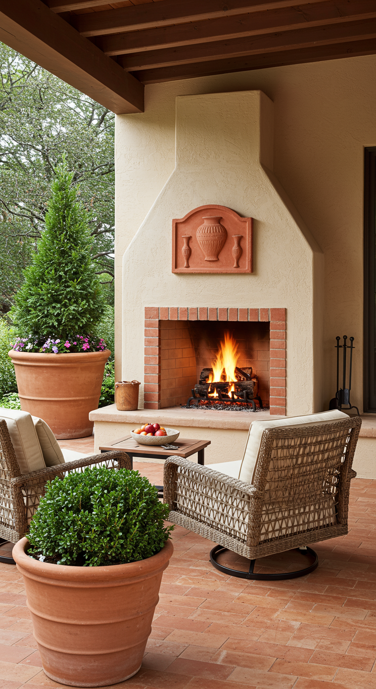 Überdachte Terrasse mit Kamin, Rattan-Sesseln und großen Terrakotta-Töpfen mit Buchsbaum und Baum.