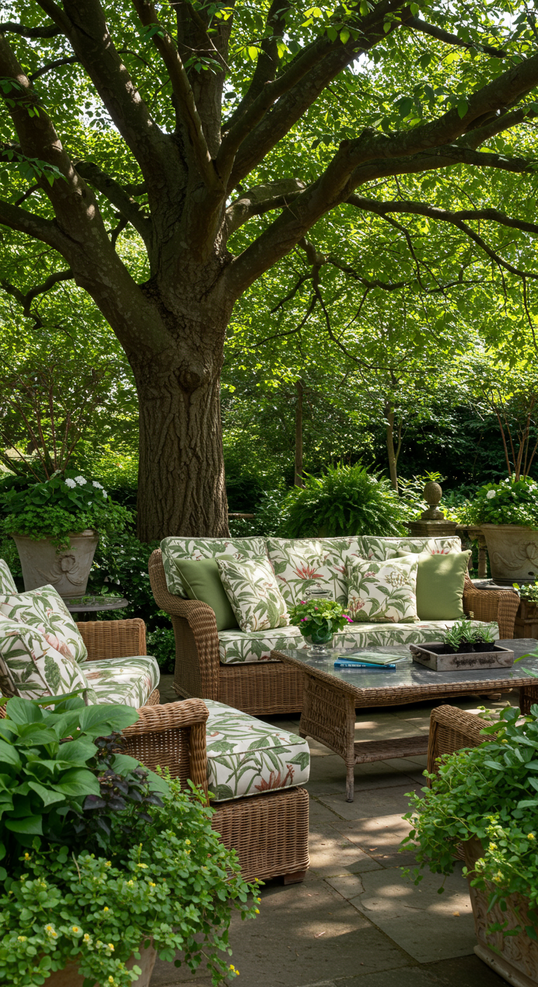 Rattan-Lounge-Möbel mit grünen Mustern unter einem großen Baum auf einer Steinterrasse.