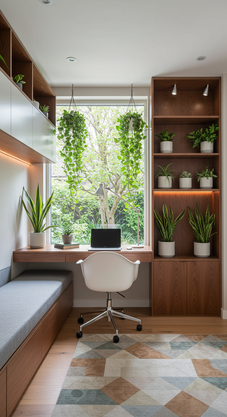 Modernes Home-Office mit Holzeinbauten, vielen Pflanzen und Blick ins Grüne.