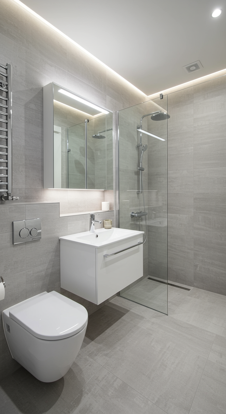 Modernes Badezimmer in Grautönen mit schwebendem Waschtisch und Spiegelschrank.