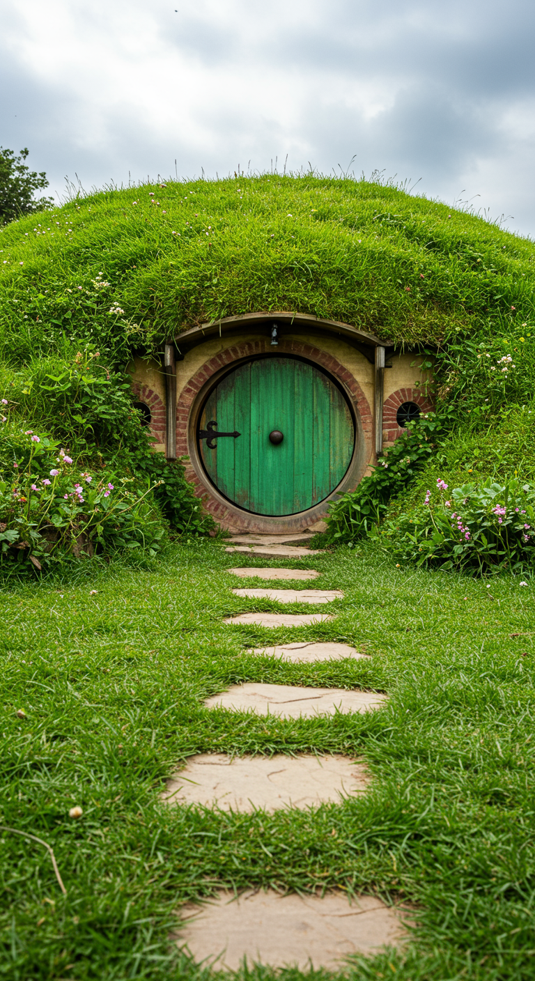 Grünes Hobbit-Häuschen mit runder Holztür in einem grasbewachsenen Hügel.