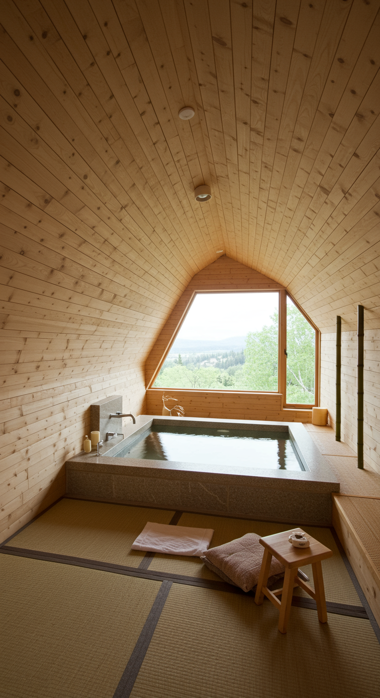 Japanisch inspiriertes Badezimmer mit Holzverkleidung, eingelassener Wanne und großem Fenster.