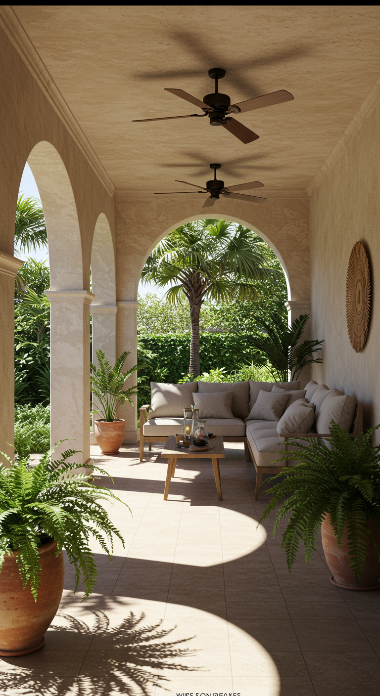 Überdachte Loggia mit Rundbögen, Sofa, Deckenventilatoren und großen Terrakotta-Töpfen mit Farnen.