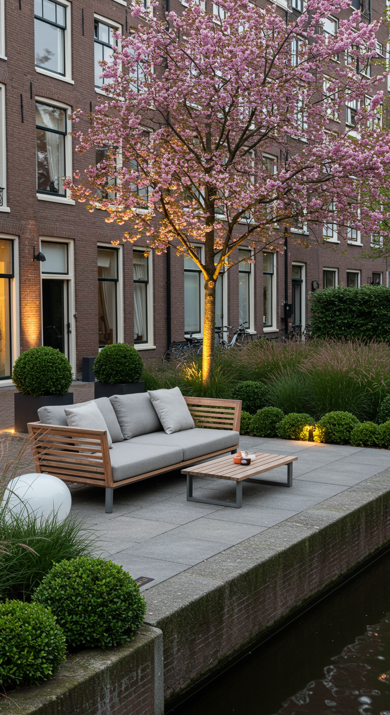 Moderne Holz-Lounge unter einem blühenden Kirschbaum an einer Gracht.