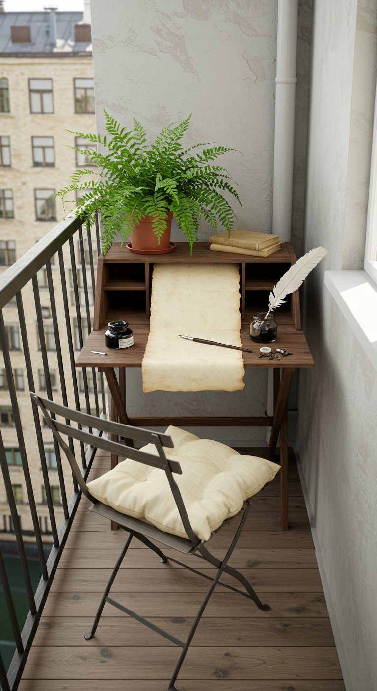 Kleiner Holzschreibtisch auf Balkon mit Pergamentrolle, Tintenfass und Feder.