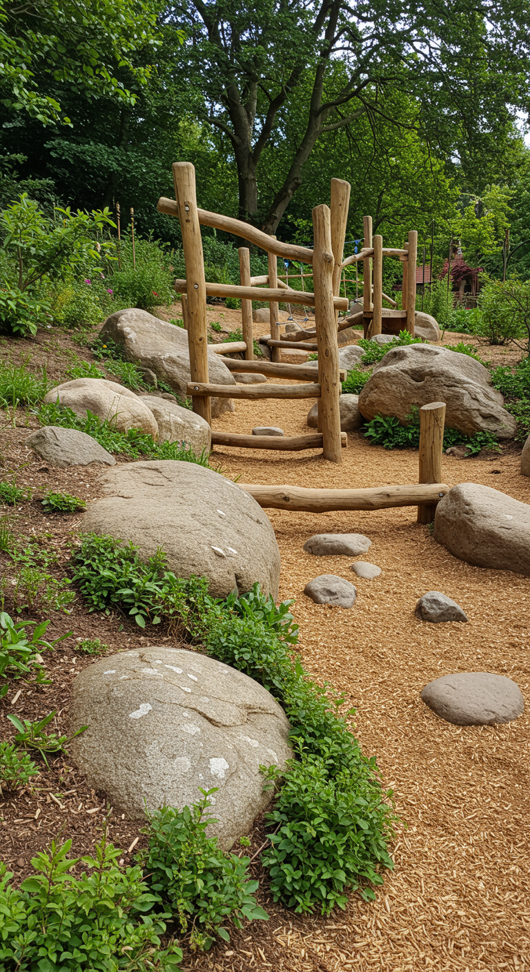 Natürlicher Kletterparcours aus Holzstämmen und großen Steinen auf Holzhackschnitzeln.