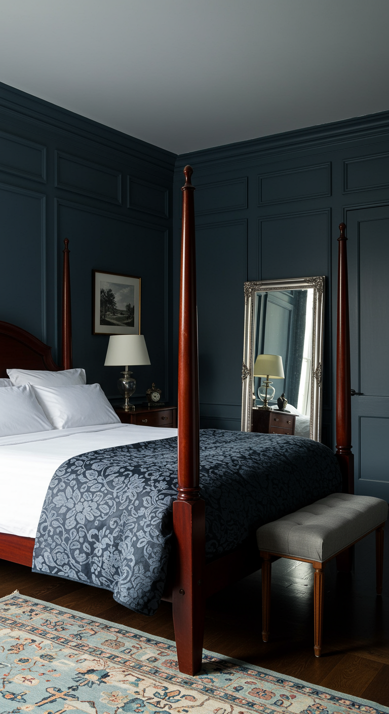Klassisches Schlafzimmer in Dunkelblau mit Himmelbett und Vertäfelung.