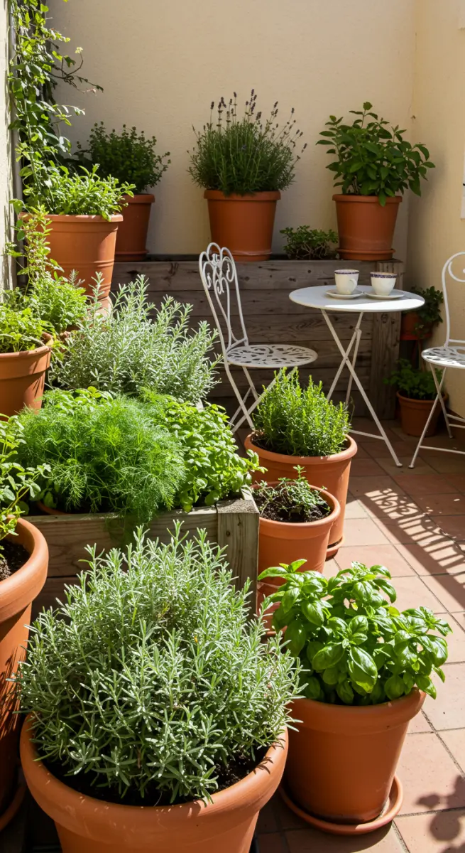 Kleiner Balkon mit vielen Kräutern in Terrakotta-Töpfen und weißem Bistro-Set.