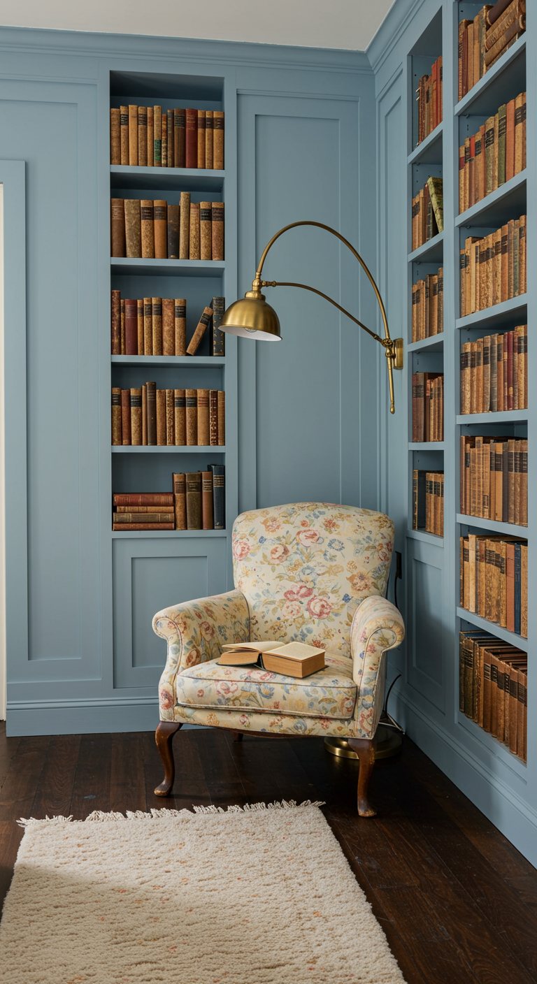 Leseecke im Flur mit pastellblauen Bücherregalen und geblümtem Sessel.