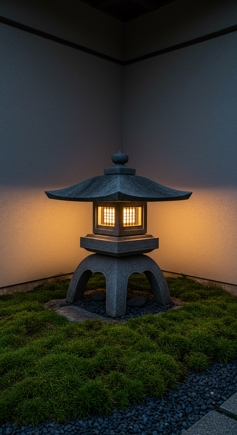 Kleine japanische Steinlaterne leuchtet in einer Gartenecke mit Kies und Gras.