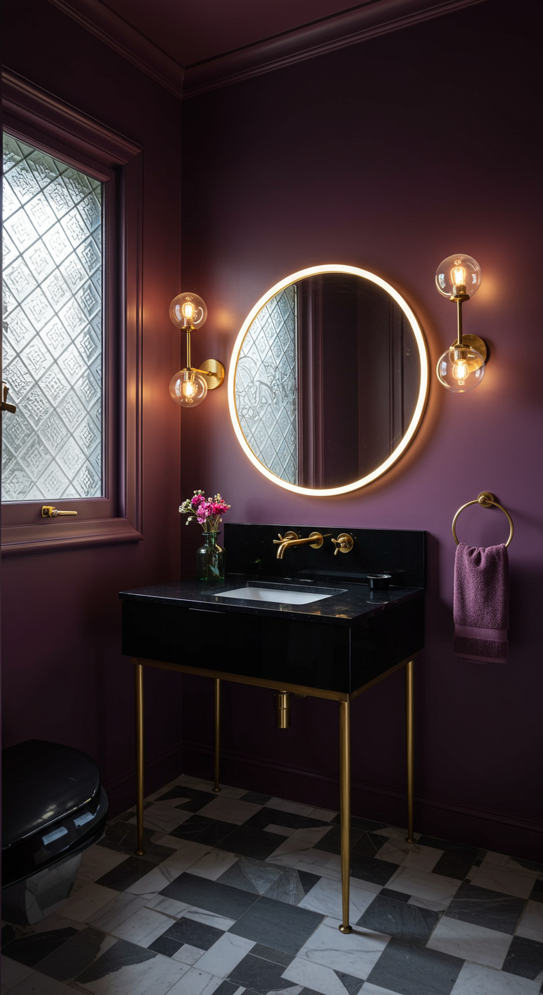 Badezimmer in Lila mit schwarzem Waschtisch, goldenen Akzenten und gemustertem Boden.