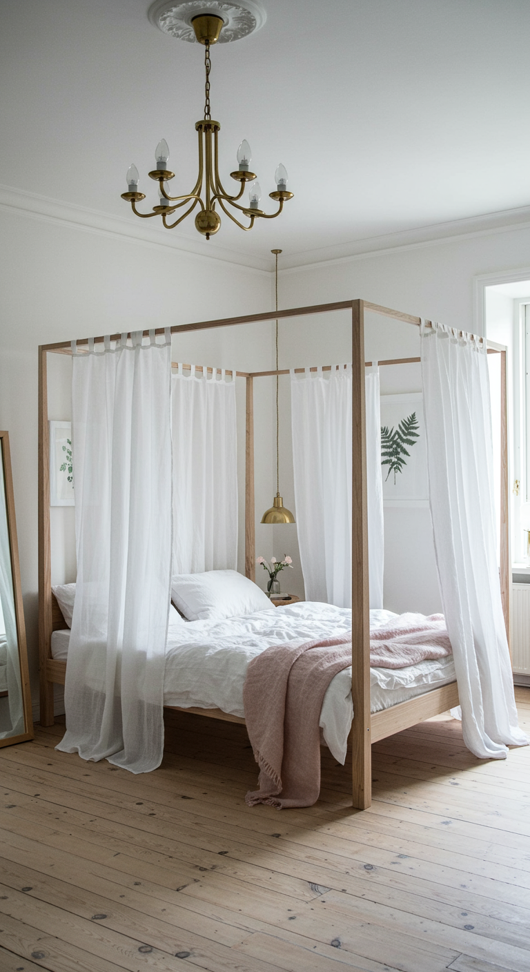 Skandinavisches Schlafzimmer mit hellem Holz-Himmelbett und weißen Vorhängen.