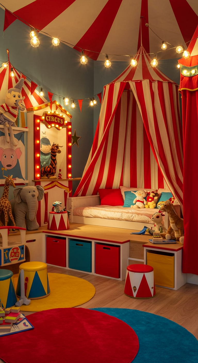 Farbenfrohes Kinderzimmer im Zirkus-Stil mit gestreiftem Betthimmel.
