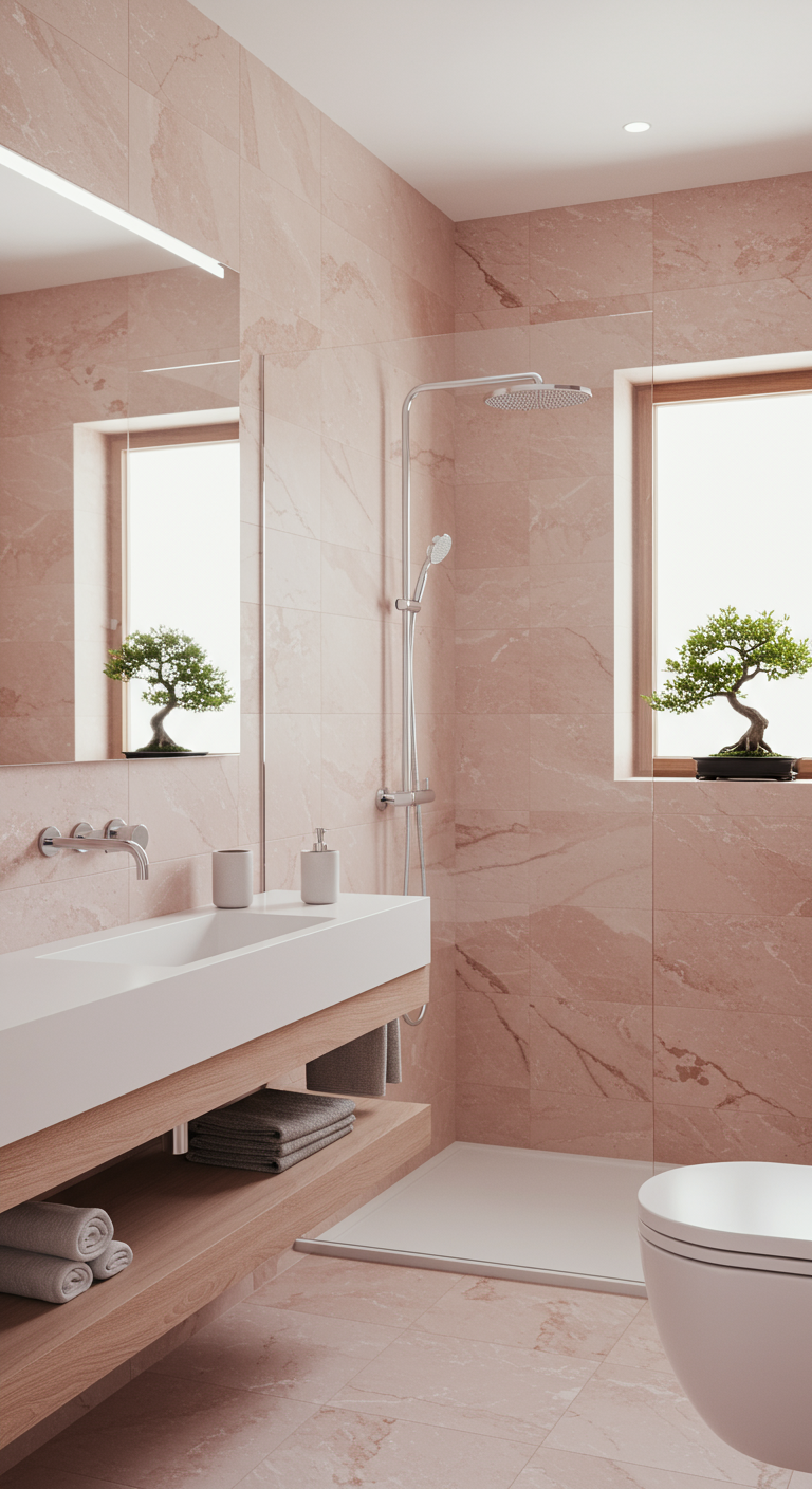 Badezimmer mit rosa Marmorfliesen, schwebendem Holzwaschtisch und Bonsai-Bäumen.