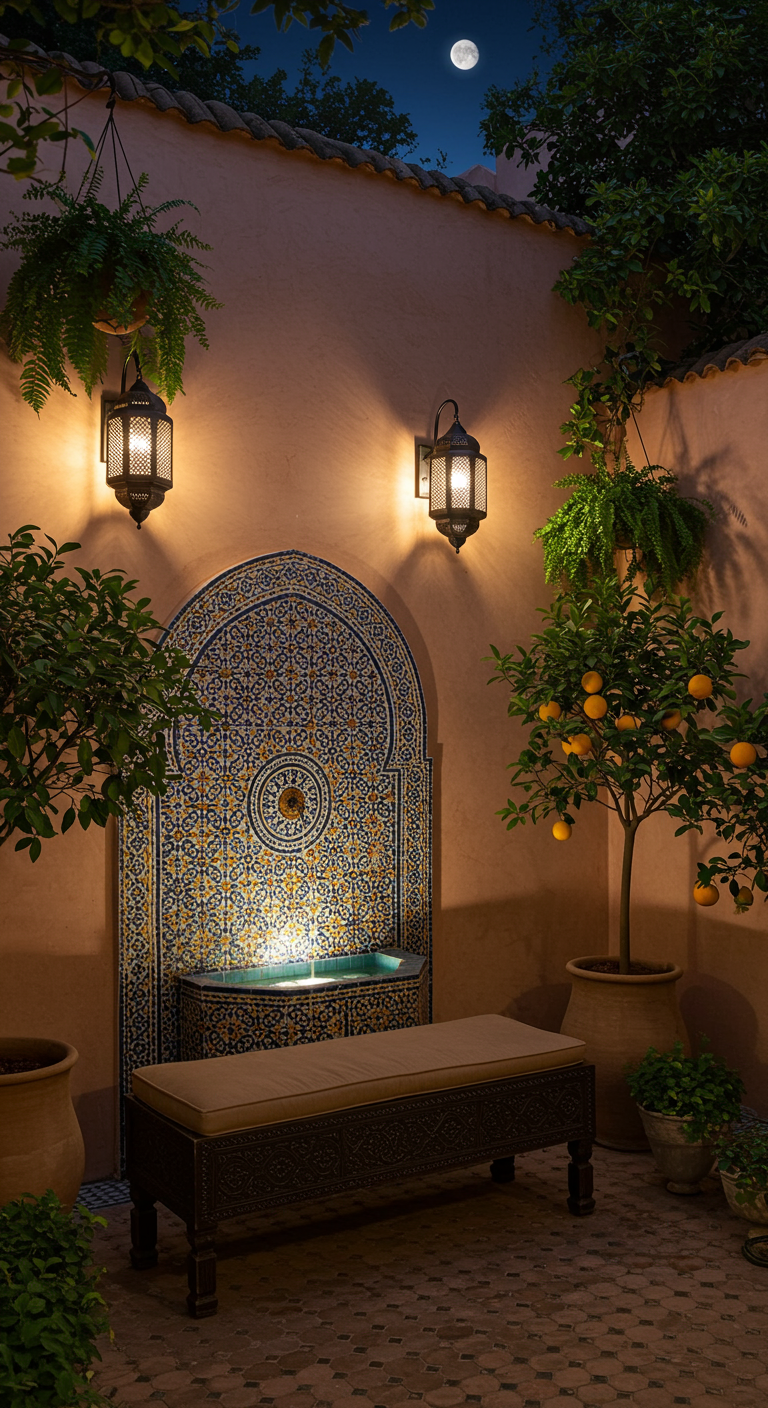 Marokkanischer Innenhof mit Mosaikbrunnen, Bank und Orangenbäumen bei Nacht.