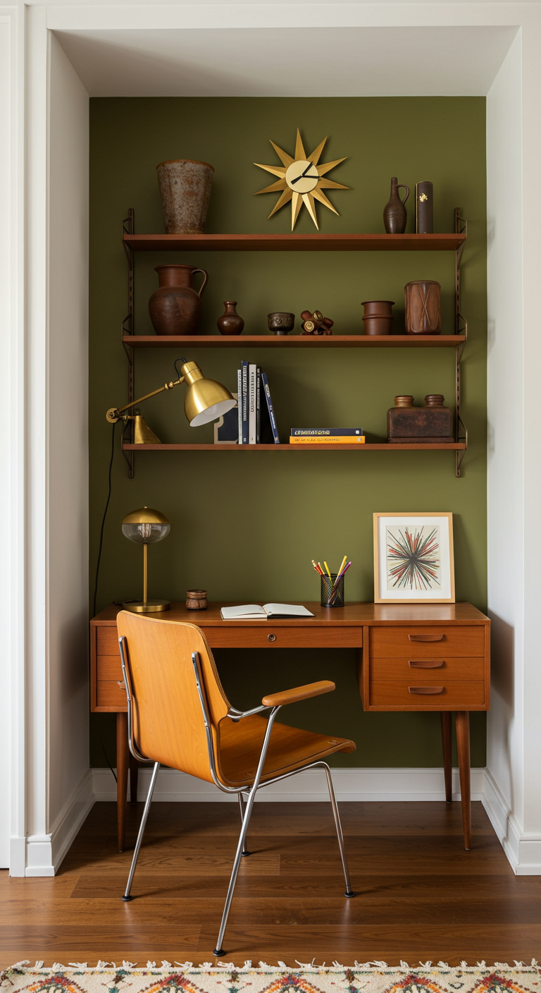 Home-Office in einer Nische im Mid-Century-Stil mit olivgrüner Wand.