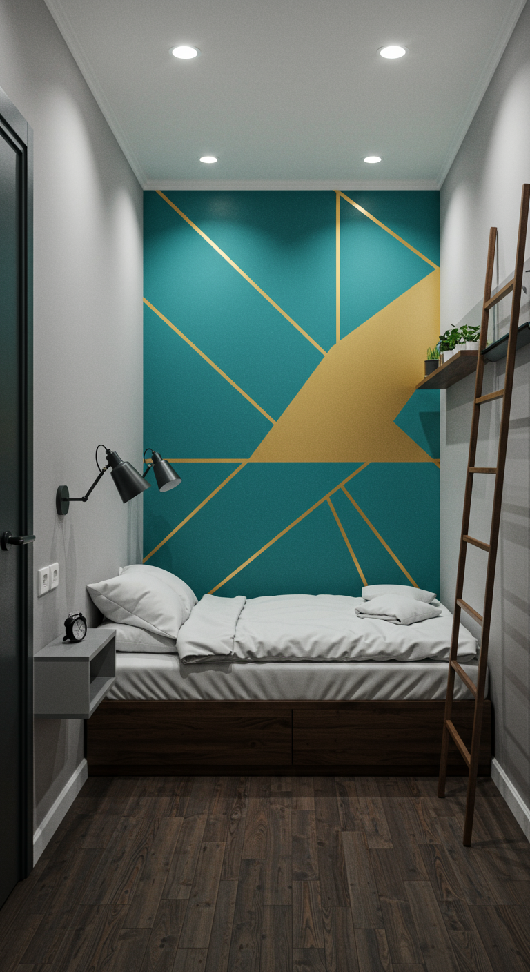 Sehr kleines Schlafzimmer mit grafischer Akzentwand in Petrol und Gold.