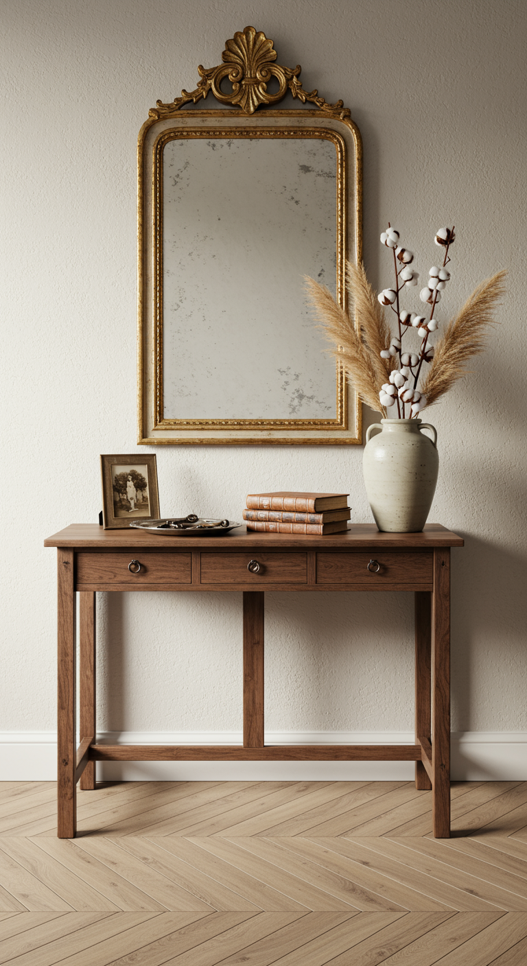 Konsole mit Goldspiegel, Büchern und Vase mit Baumwollzweigen und Pampasgras.