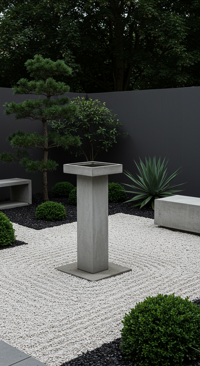 Moderner Zen-Garten mit hohem, minimalistischem Vogelbad, dunkler Wand und weißem Kies