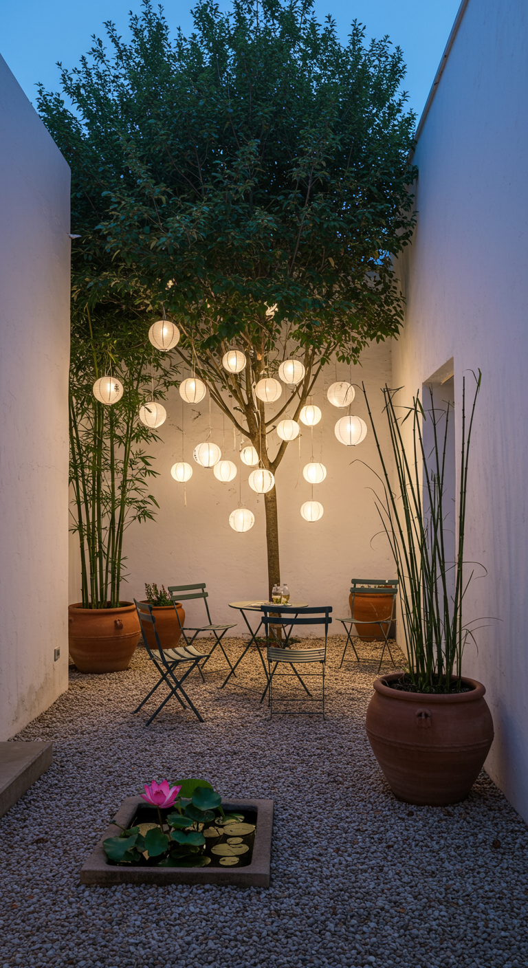 Minimalistischer Innenhof mit Kies, Baum mit Lampions, Metallmöbeln und Lotusbecken.