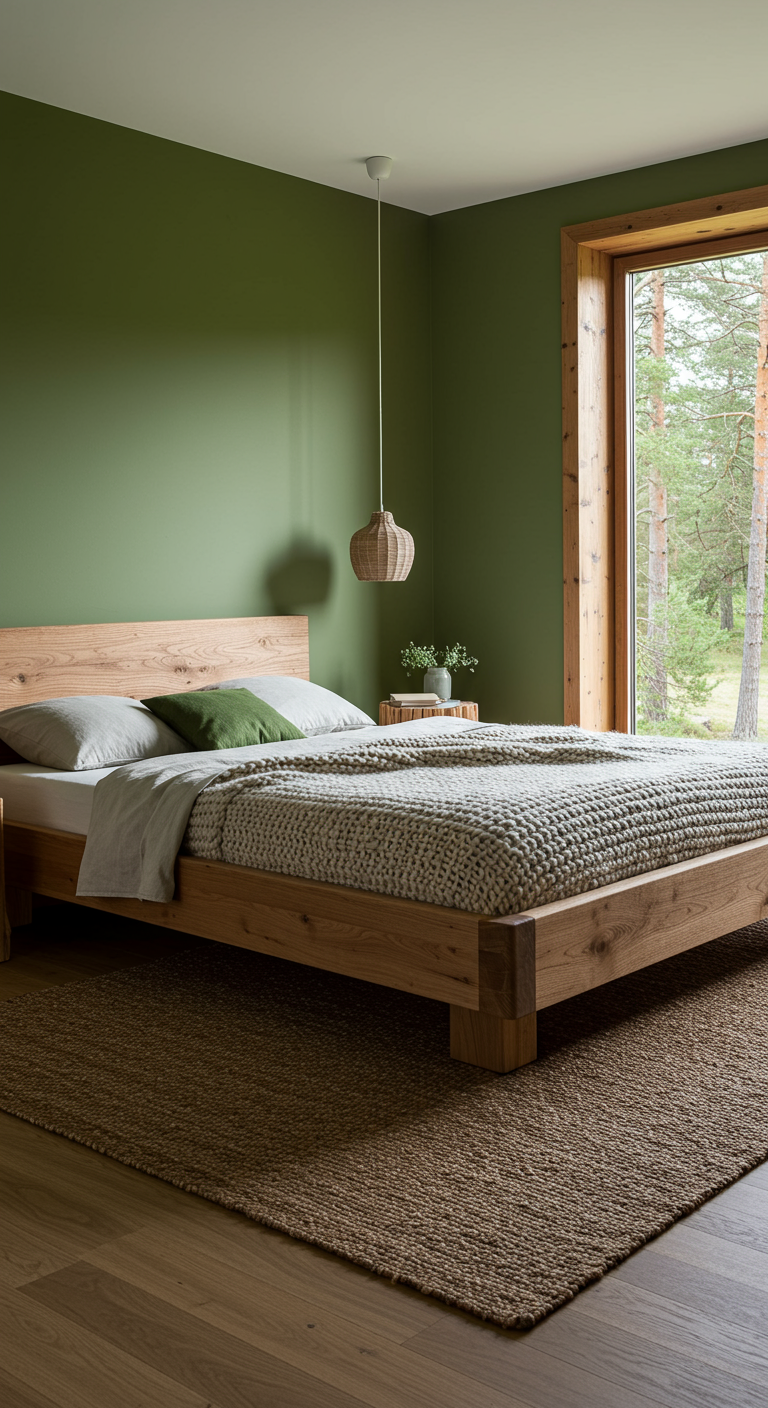 Schlafzimmer mit olivgrünen Wänden, Holzbett und Blick in den Wald.