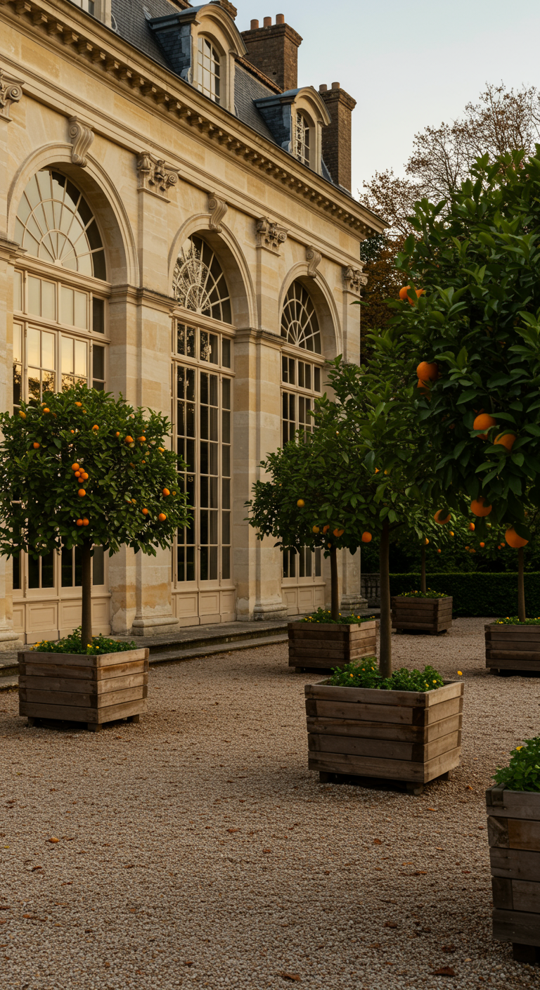Orangenbäumchen in Holzkübeln vor einem eleganten Gebäude mit großen Fenstern