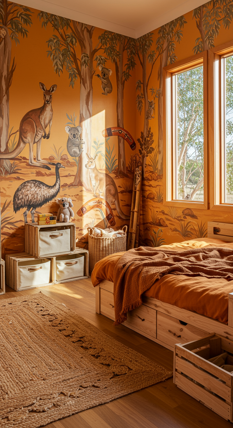 Kinderzimmer mit australischem Outback-Motto und warmen Farben.
