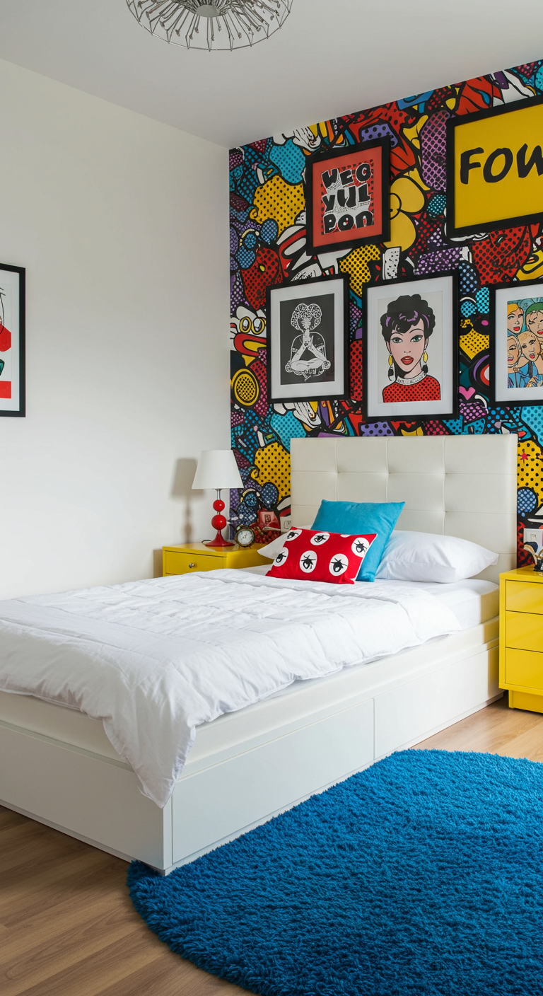 Jugendzimmer mit bunter Pop-Art-Tapete, weißem Bett und gelben Nachttischen.