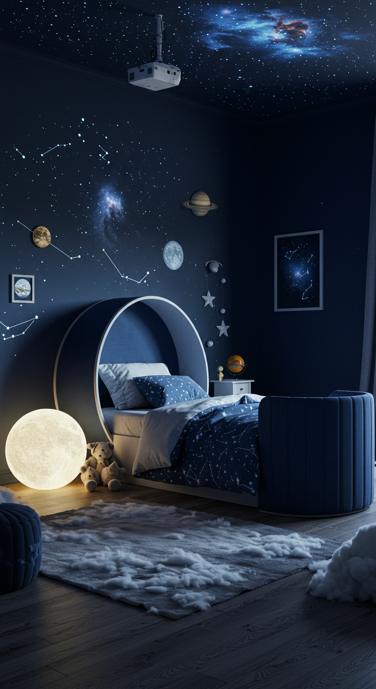 Modernes Weltraum-Kinderzimmer mit rundem Kapselbett und Mondlampe.