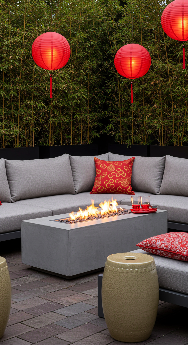 Moderne Lounge mit Sofa, Feuertisch, roten Kissen und Lampions vor Bambus.